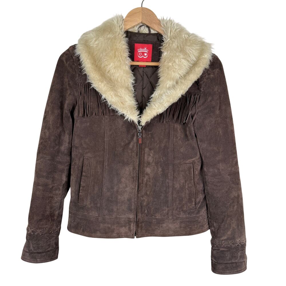 Vintage Collection B Leather Suede Fringe Jacket Womens S Brown Western Faux Fur